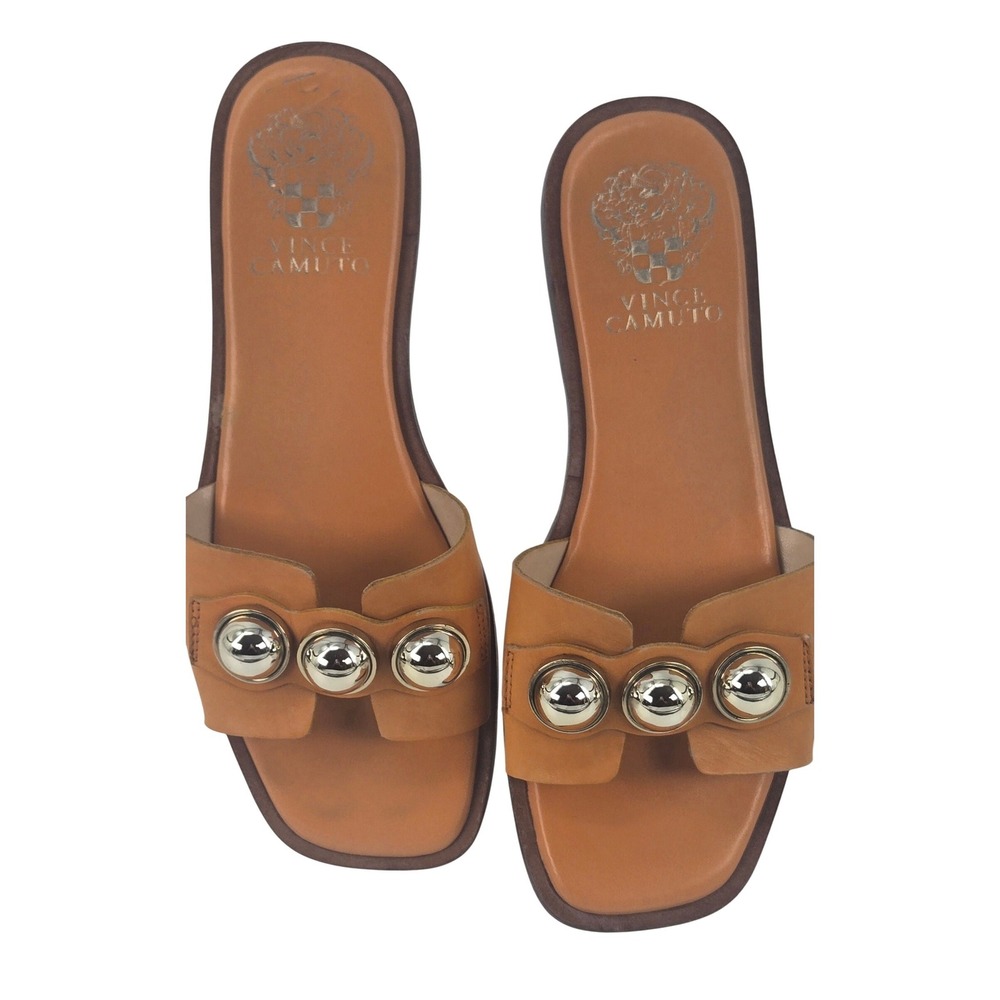 Vince Camuto 6M Neima Slide Sandals Womens Tan Studded‎ Leather Square Toe